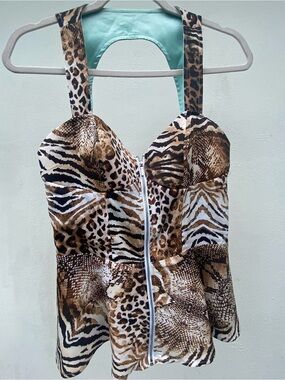 Y2K bebe Tan Black & White Mixed Animal Print Cutout Zip Up Bustier Top Size Med